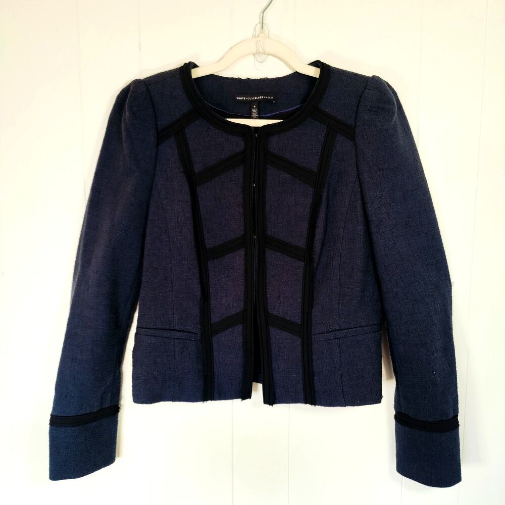 White House Black Market Navy Tailored Blazer Jacket Black Trim Work Old Money 8